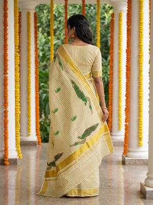 Tissue Golden Peacock Print with Golden Border Onam Special Kerala Traditional Saree