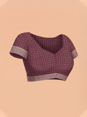 Cotton Silk Wine Maroon Checkered Floral Saree with Golden Vine Border