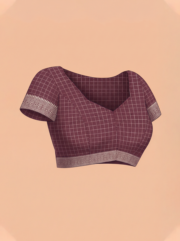 Cotton Silk Wine Maroon Checkered Floral Saree with Golden Vine Border