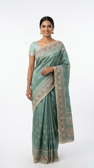 Cotton Sea Green Elephant Embroidery Saree