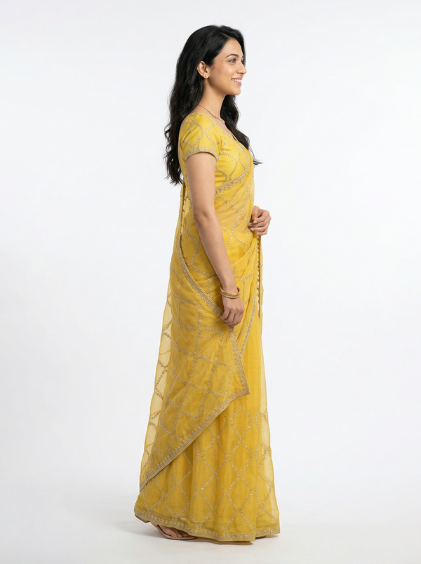 Organza Yellow Zari Embroidered Geometric Jaal Saree with Scalloped Border