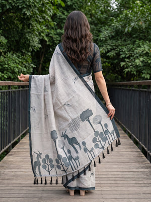 Cotton Saree in Grey with Deer & Bird Print Pallu