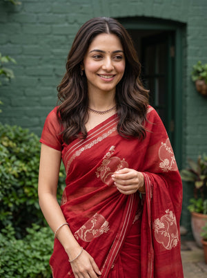 Organza Red Woven Flower Motif Zari Stripe Border Saree
