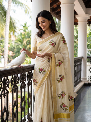 Tissue Cream Kerala Saree with Red Rose Print Pallu, Golden Zari Border