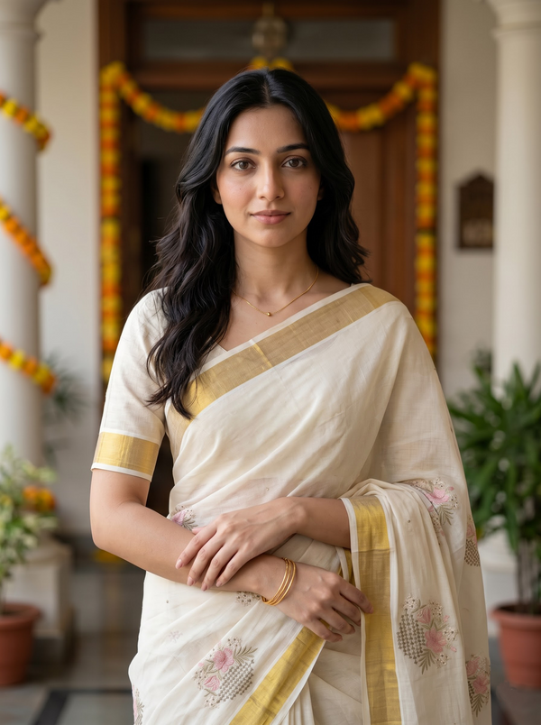 Cotton Cream Floral Basket Motif with Golden Zari Border Onam Special Kerala Saree