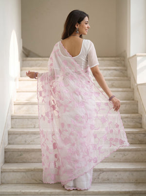 Organza White Pink Floral Vine Rosebud Embroidery Scalloped Edge