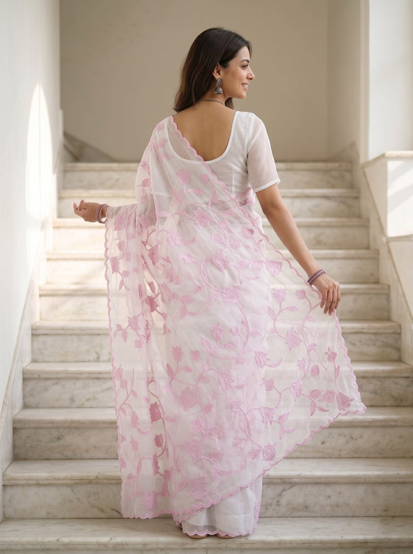 Organza White Pink Floral Vine Rosebud Embroidery Scalloped Edge