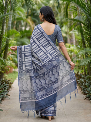 Cotton Linen Indigo Blue Tribal Geometric Print Saree with Tassels