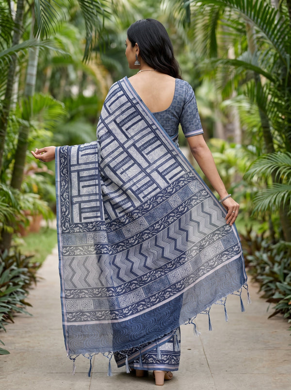 Cotton Linen Indigo Blue Tribal Geometric Print Saree with Tassels