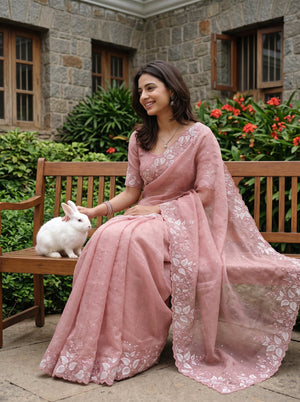 Organza Pink Saree with Sequin Embroidery and Scalloped Edge