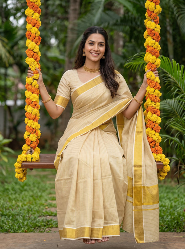 Tissue Cream Gold Pinstripe Onam Special Kerala Saree