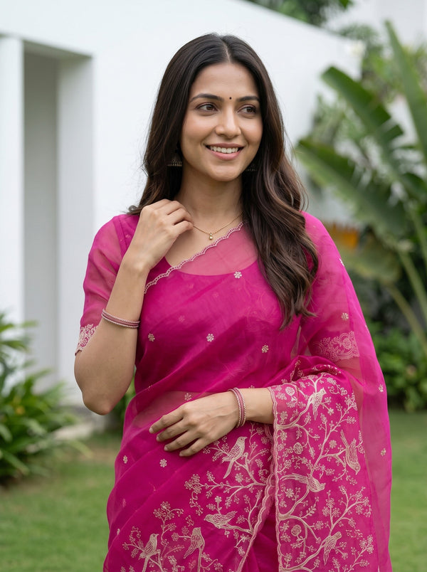 Organza Rani Pink Floral Embroidered Saree