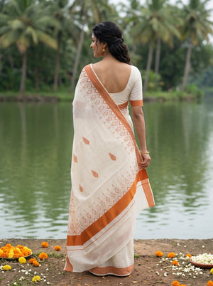 Cotton Off-White Orange Aztec Print Onam Special Kerala Saree