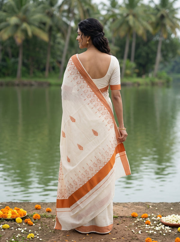 Cotton Off-White Orange Aztec Print Onam Special Kerala Saree