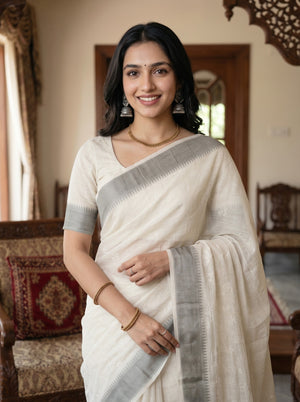 Kota Doria Ivory Self-Tone Floral Cutwork Grey Border Saree