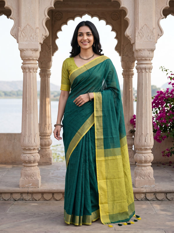 Linen Green Yellow Colorblock Striped Border Saree
