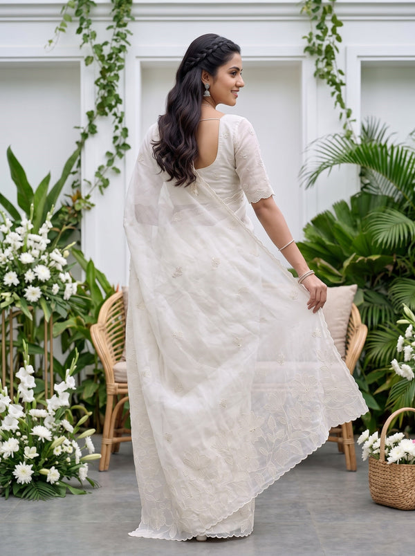 Organza Ivory Saree with Tonal Floral Vine and Sequin Work