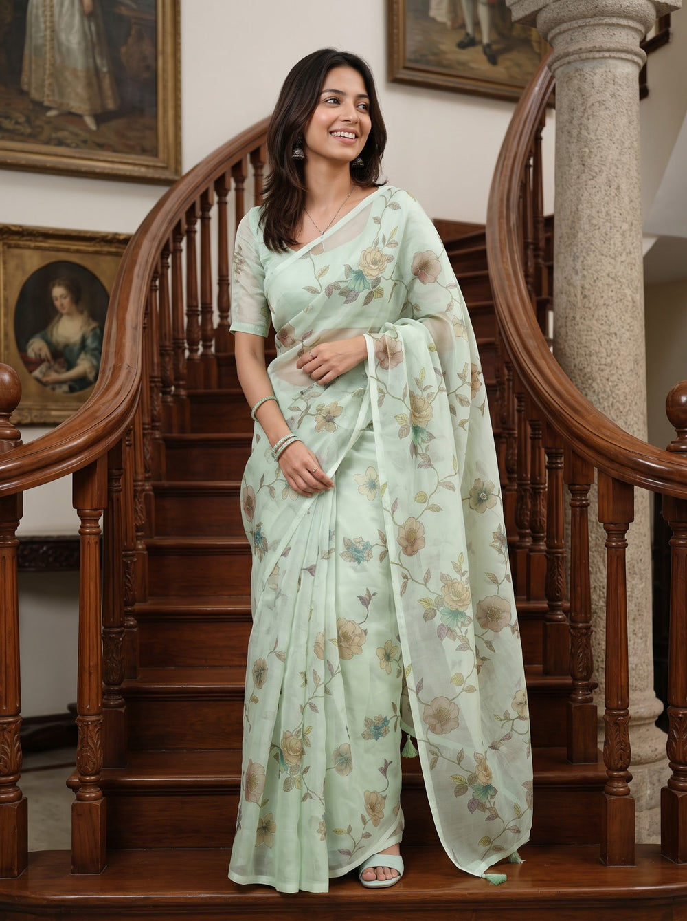 Organza Pista Green Watercolor Floral Vine Printed Zari Embroidered Tassels Saree