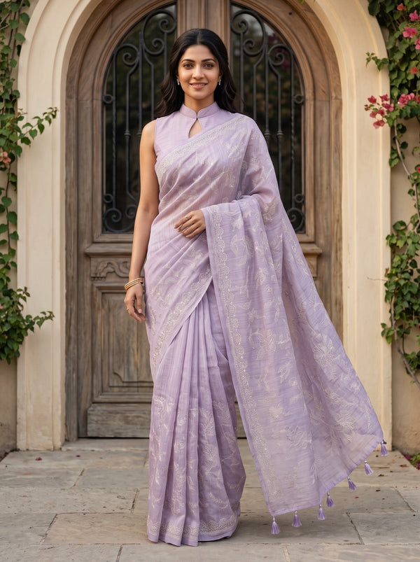 Semi Tussar Lilac Cream Floral Vine Embroidered Saree with Tassel Pallu