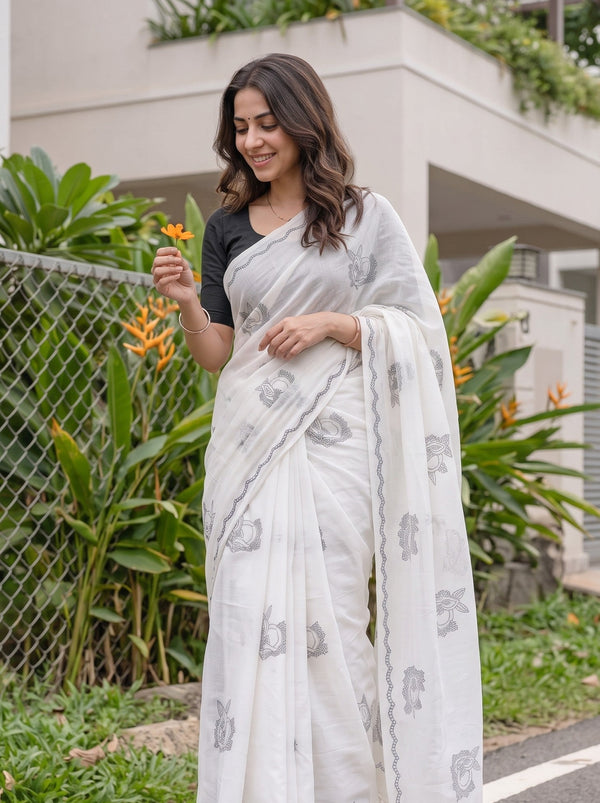 Cotton White Saree with Deer Face Print in Floral Wreath