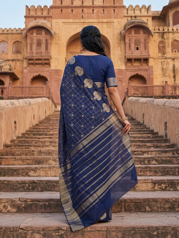 Semi Silk Navy Blue Self Check Golden Zari Booti Saree with Striped Pallu