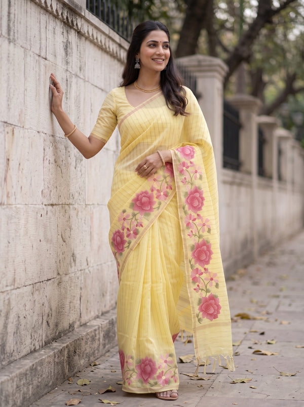 Pure Chanderi Lemon Yellow Saree with Embroidered Floral Border