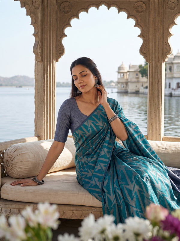 Matka Silk Teal Navy Gold Chevron Zigzag Diamond Pallu