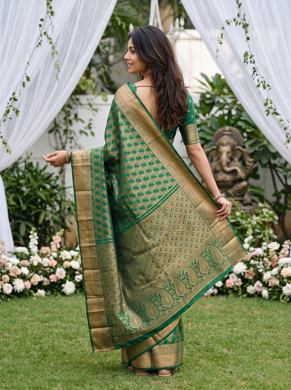 Kanjivaram Brocade Saree in Green with Golden Paisley Motif Pallu