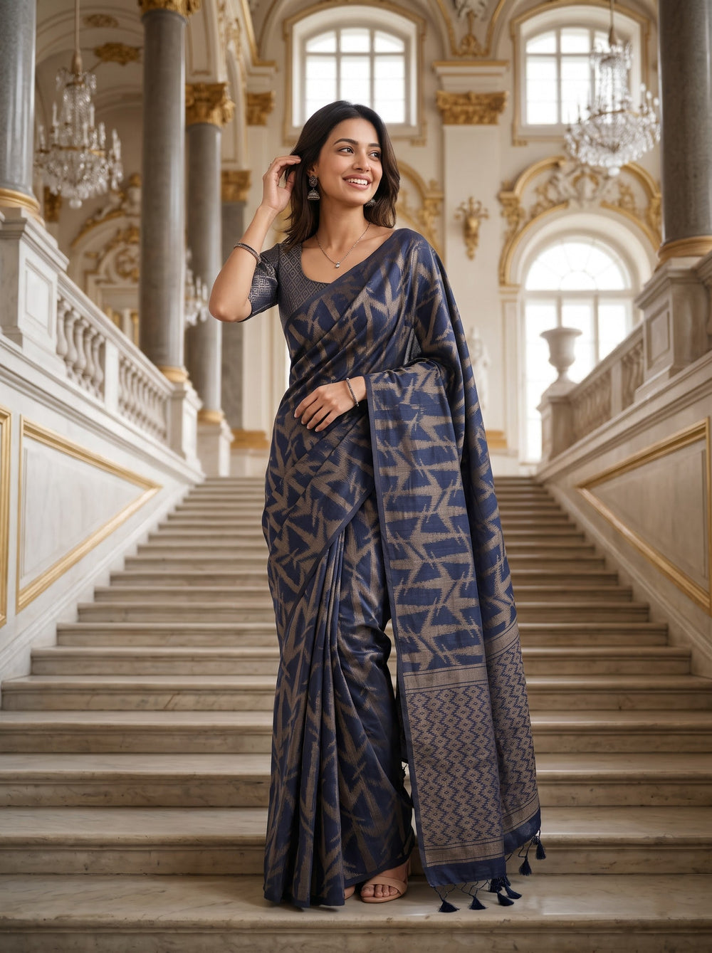 Semi Silk Navy Blue Zigzag Ikat Weave Saree with Tassels