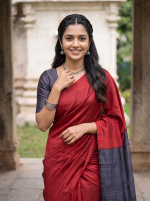 Pure Silk Navy Blue Plain Saree with Dual Tone Red Pallu