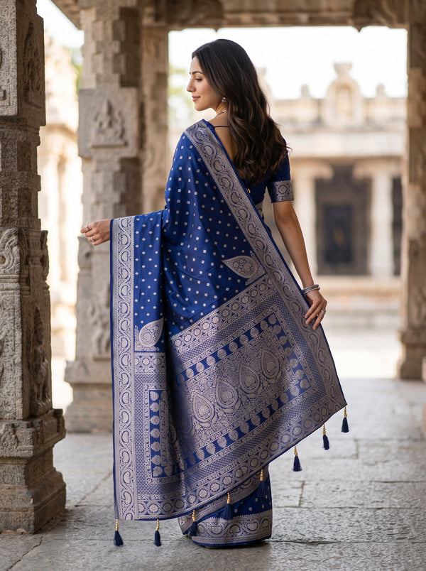 Banarasi Navy Blue Copper Zari Kalka Paisley Jaal Pallu Saree with Floral Butta