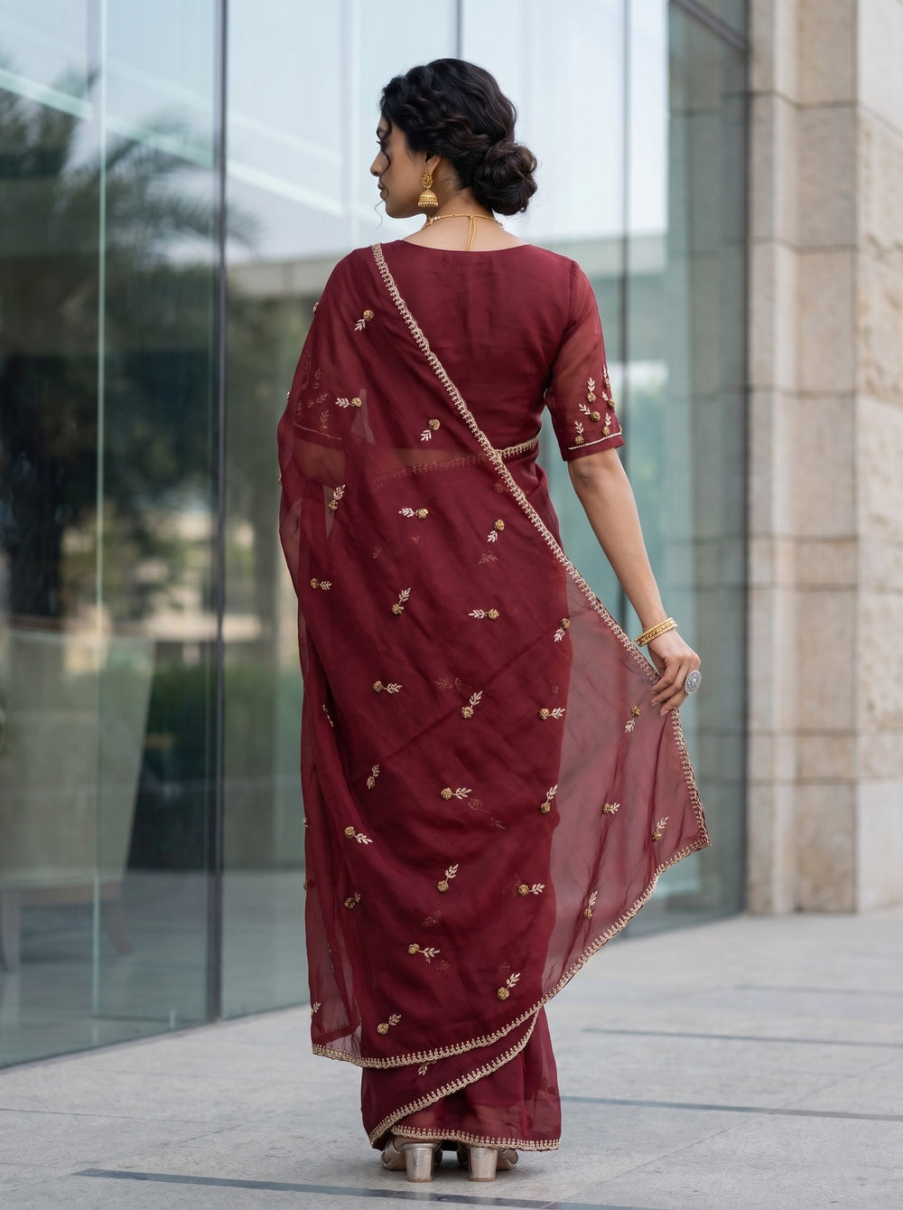 Chiffon Maroon Golden Bead Floral Spray Saree