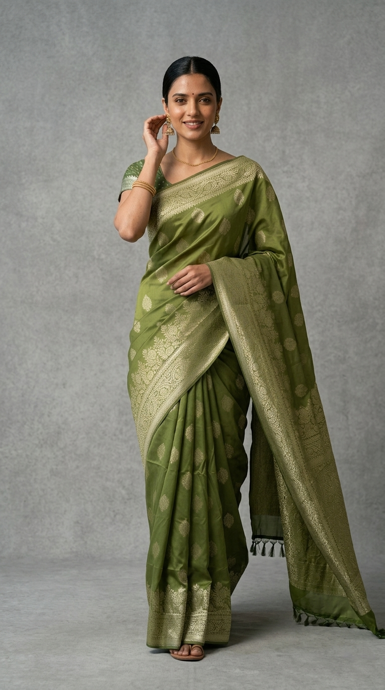 Woman wearing a green saree with a plain background