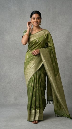 Woman wearing a green saree with a plain background