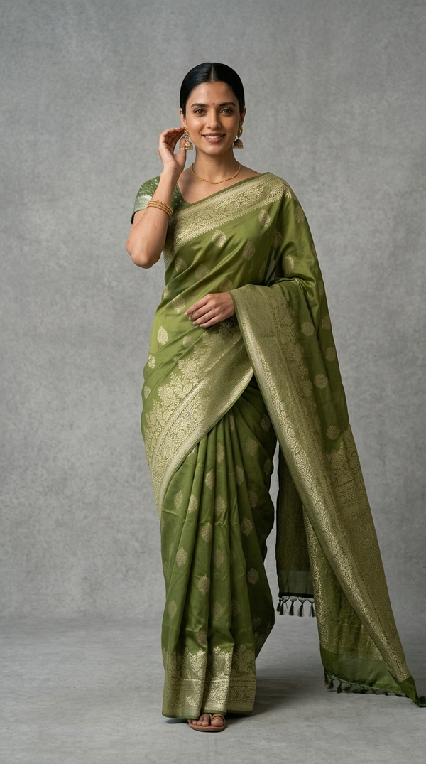 Woman wearing a green saree with a plain background