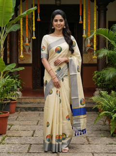Tissue Cream Multicolor Swirl Motif with Grey Border Onam Special Kerala Saree