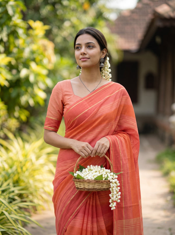 Chanderi Cotton Red Ombre Vertical Stripe Saree with Golden Zari Pallu