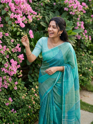 Linen Sea Green Abstract Ombre Wave Saree
