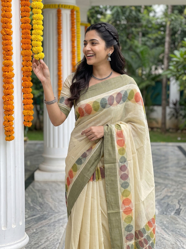Tissue Cream Multicolor Circle Print With Black Tassels Onam Special Kerala Saree