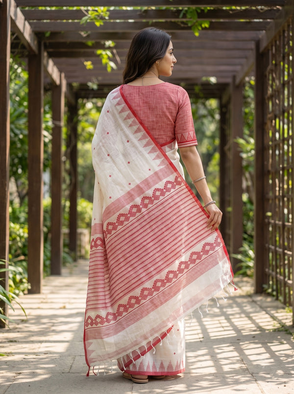 Linen White Red Diamond Dot Zigzag Geometric Border Saree