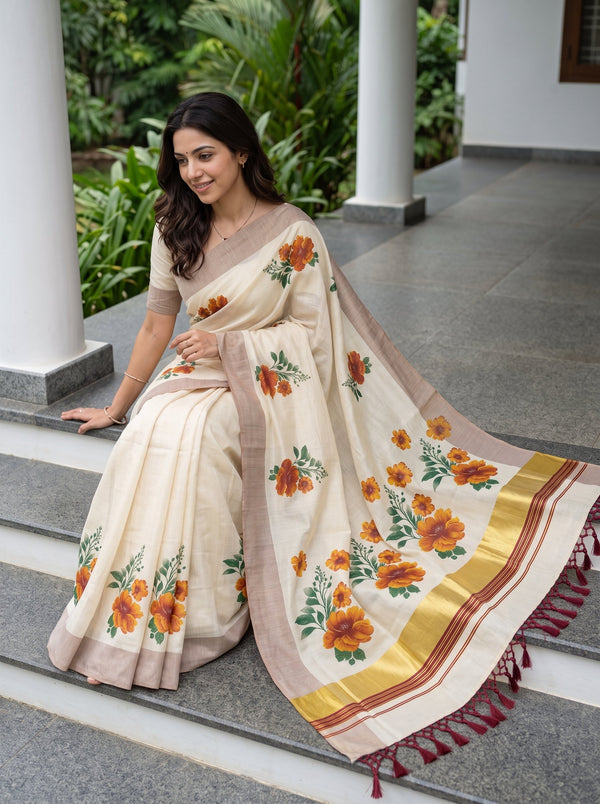 Tissue Cream Orange MariGolden Floral Print Kerala Saree with Tassels