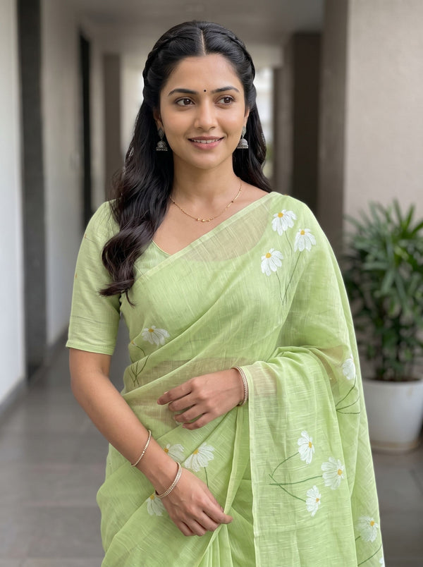 Cotton Lime Green White Daisy Floral Printed Pallu Green Tassels Saree