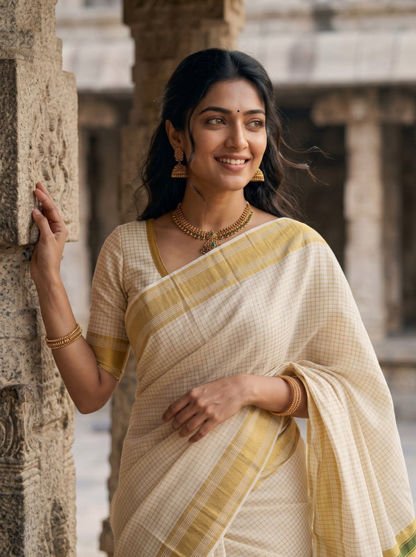 Cotton Cream Kerala Saree with Checkered Design, Golden Zari and Green Striped Border