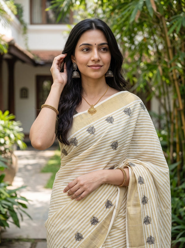 Cotton Cream Floral Butta Print Kerala Saree with Golden Zari Border