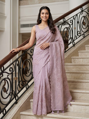 Organza Mauve Saree with Floral Vine Embroidery
