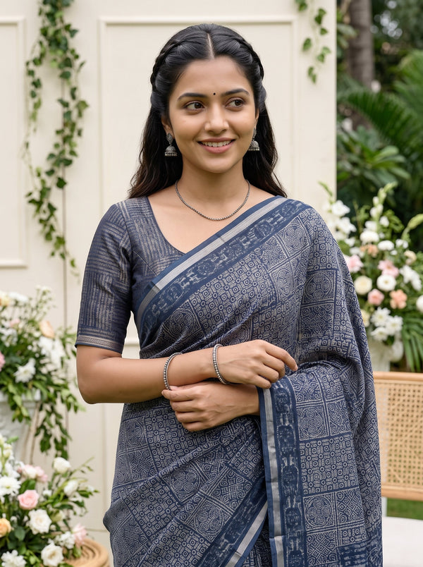 Polycotton Indigo Blue Ajrakh Block Print Mirror Work Saree with Banded Pallu
