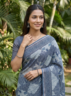 Polycotton Indigo Blue Elephant Motif Block Print Saree with Temple Border Pallu, Mirror Work and Tassels
