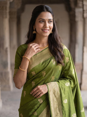 Banarasi Silk Olive Green Zari Floral Butta Scalloped Border Saree with Tassels