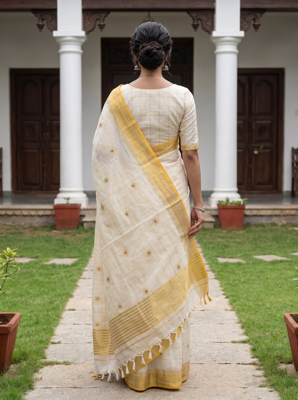 Cotton Cream Checkered Floral Booti Gold Lace Border Onam Kerala Saree