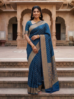 Banarasi Silk Peacock Blue Booti Print Saree with Zari Border